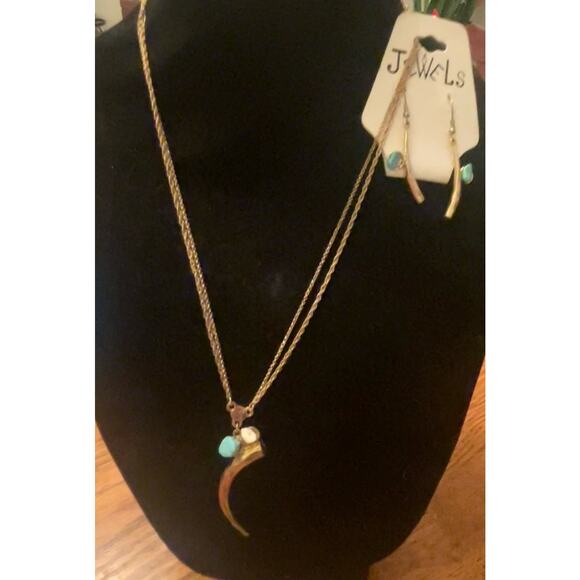 Gold Tone Pendant Necklace & Earrings Jewelry Set w/ Turquoise Stone - Picture 1 of 8